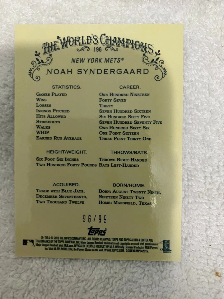 2020 TOPPS CHROME ALLEN & GINTER NOAH SYNDERGAARD #196 96/99 - Image 2 of 2