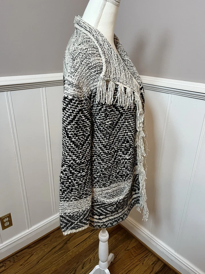 Cárdigan suéter J. Jill Willow Fair Isle manga larga flecos dobladillo negro/blanco XS Foto 4 de 4