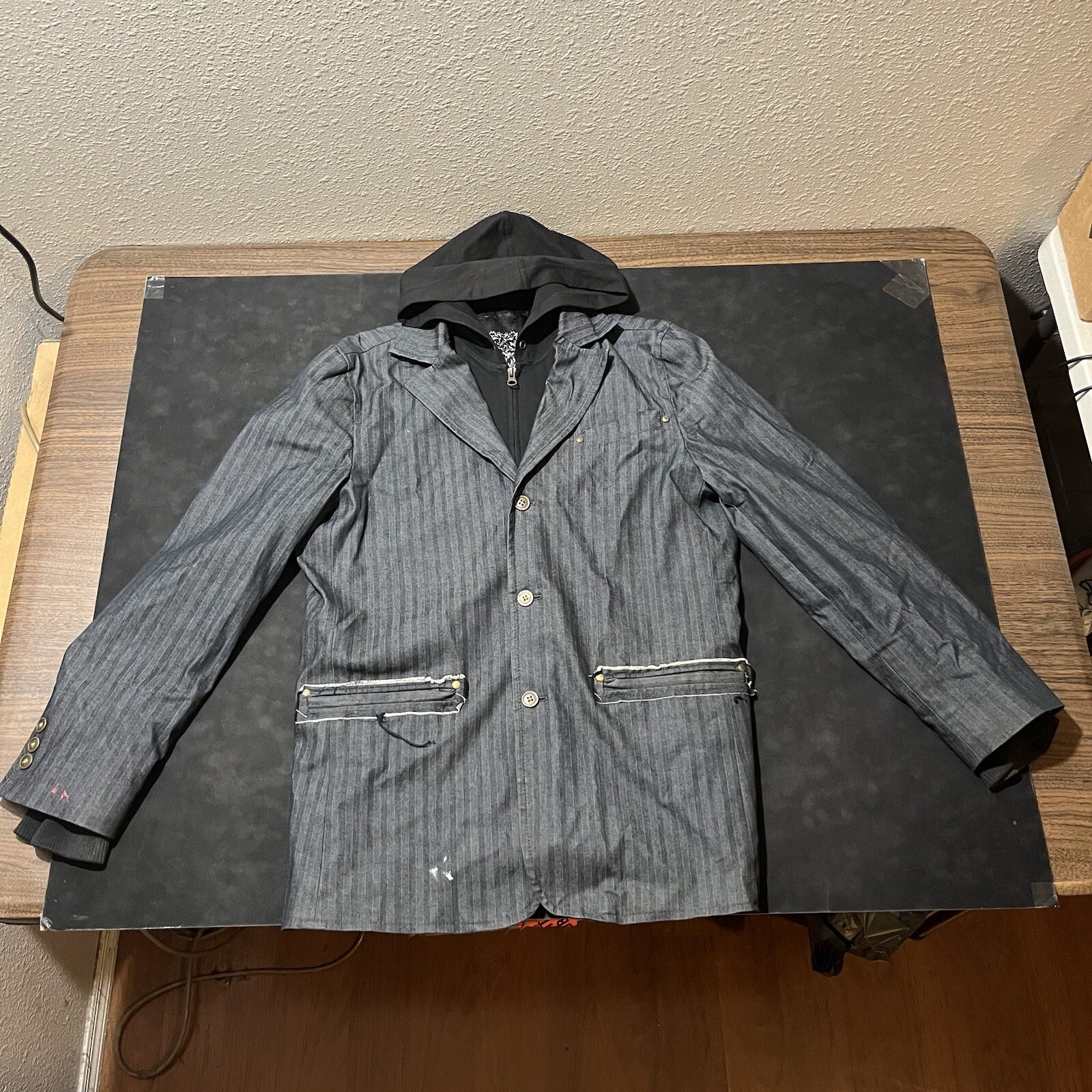 Chaqueta Denim Negra Urban Outfitters Opinión Pública Blazer Sudadera con Capucha Cremallera Y2K