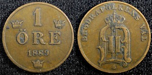 Sweden Oscar II Bronze 1889 1 Öre  Large letters VF KM# 750  (23 161)