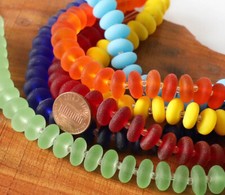 PICK color 8" 12mm LARGE RONDELLE disk sea beach glass beads frosted recycled