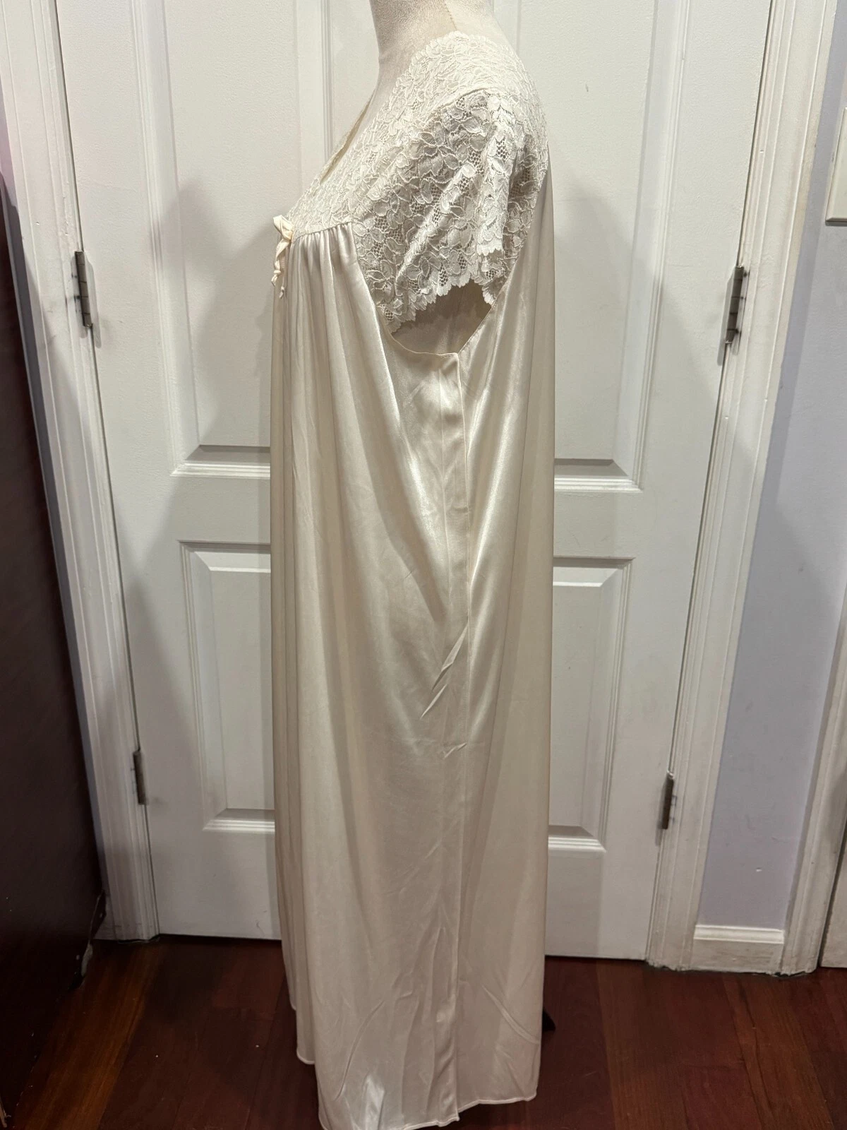 OFF WHITE Camicia da notte Wmn avorio panna bianco sporco seta manica corta scollo a V pizzo 3XL 49"Lx24"W