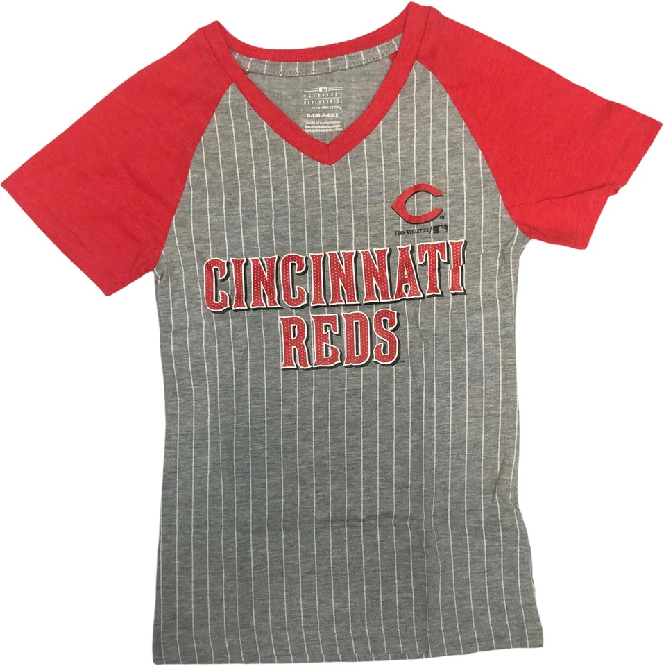 Cincinnati Reds Girl's V-Neck Pin Stripe Barnhart #16 T-Shirt Gray Red 6/6X - Image 2 of 2
