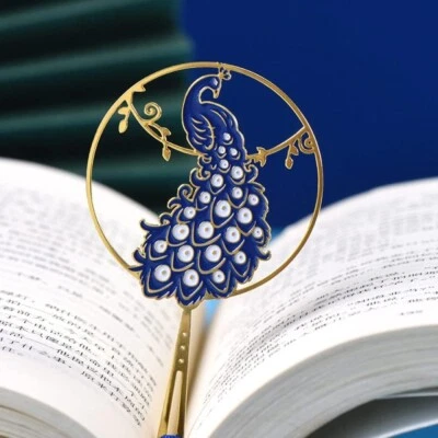 Peacock Bookmark Blue Gold Gift Birthday Book Slip Metal Page Marker Present