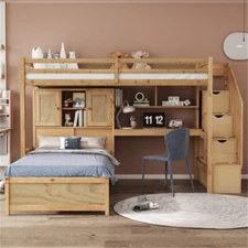 Twin Over Twin Size Pine Loft Bed w/Desk, Storage & Storage Staircase Natural