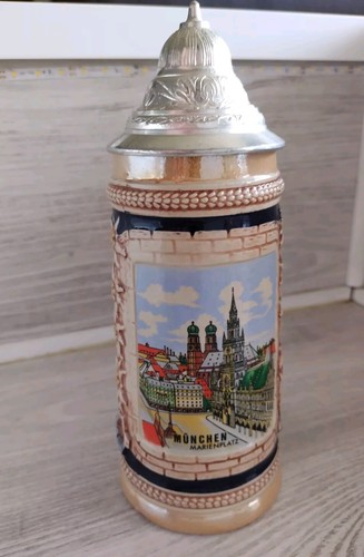 Gerz Bierkrug mit Zinndeckel Bierseidel München Marienplatz handbemalt - Bild 10 von 12