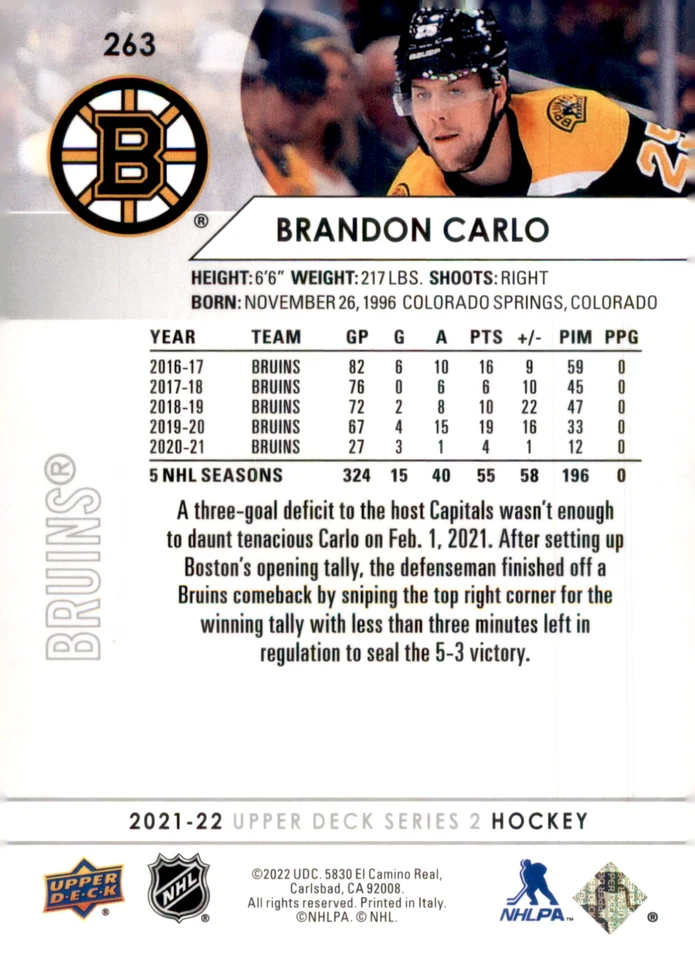 2021-22 Upper Deck #263 Brandon Carlo - Image 2 of 2