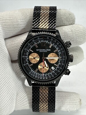 Sthurling Original Monaco Mens Two Tone Gold Black Mesh Chronograph Quartz  Watch
