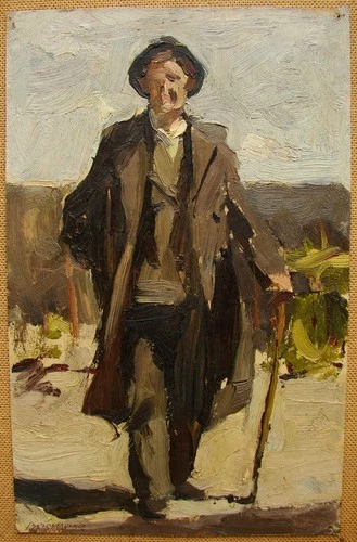Ukrainian Soviet USSR oil Painting impressionism realism male figure man hat