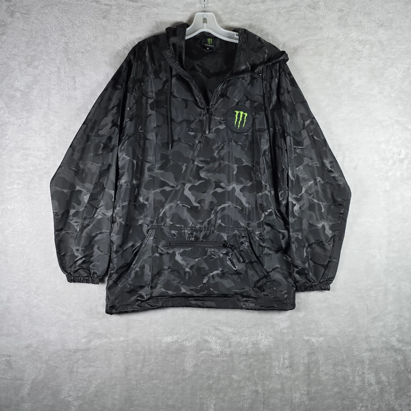 Monster Energy Camo Anorak Windbreaker Pullover Mens Medium Black Hooded Jacket - product detail image 1