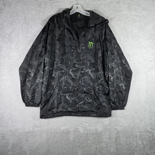 Monster Energy Camo Anorak Windbreaker Pullover Mens Medium Black Hooded Jacket video thumbnail