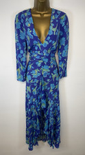 Rixo Dress Blue Green Floral Silk Ruffle Front V Neck Long Sleeve Midi UK 8