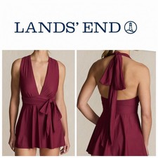 42. Lands' End Women's Solid Burgundy Halter Tie Swimdress One-Piece Size 10