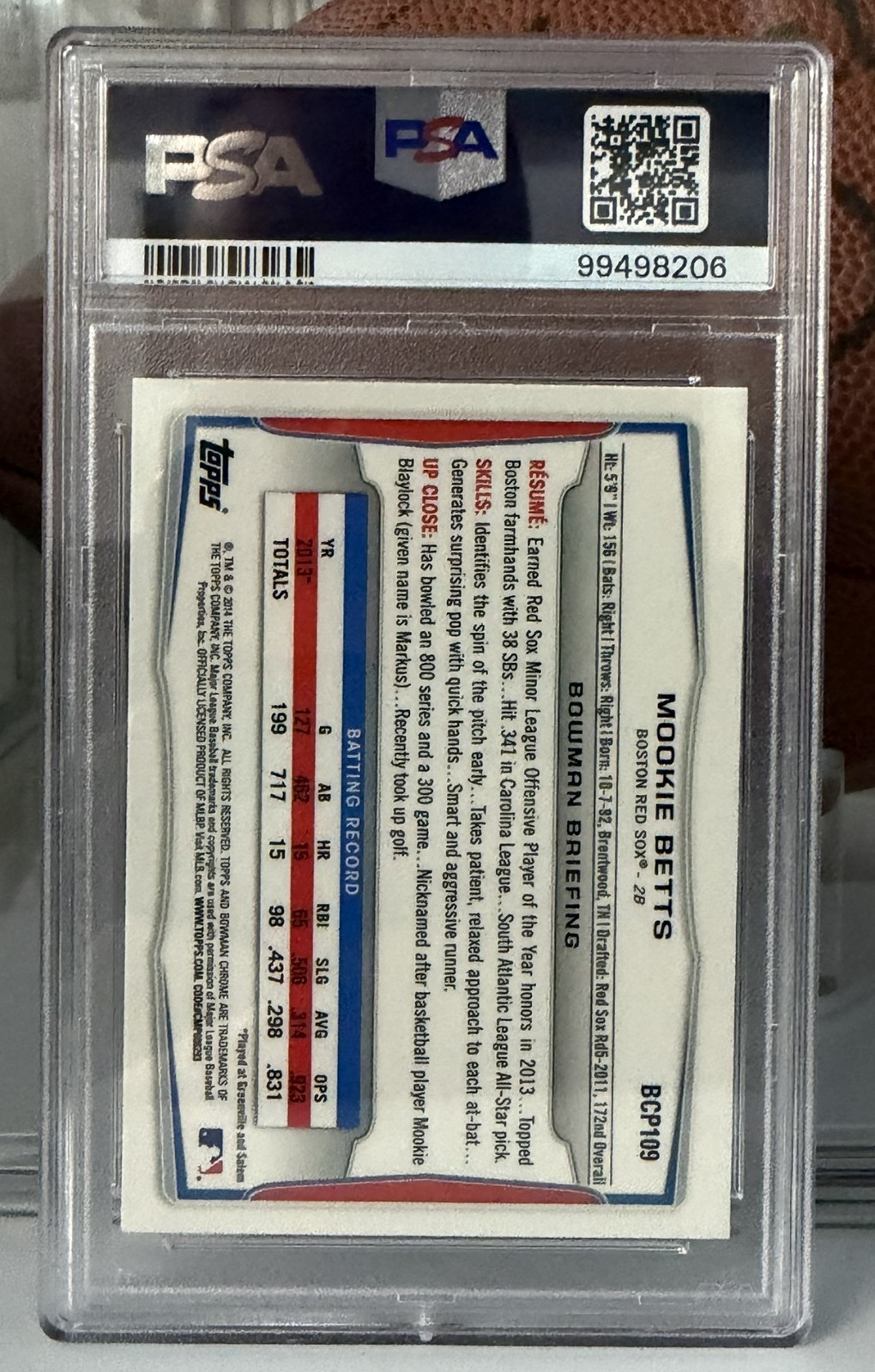 2014 Bowman - Prospects Chrome Mookie Betts #BCP109 (RC) PSA 10 view 4