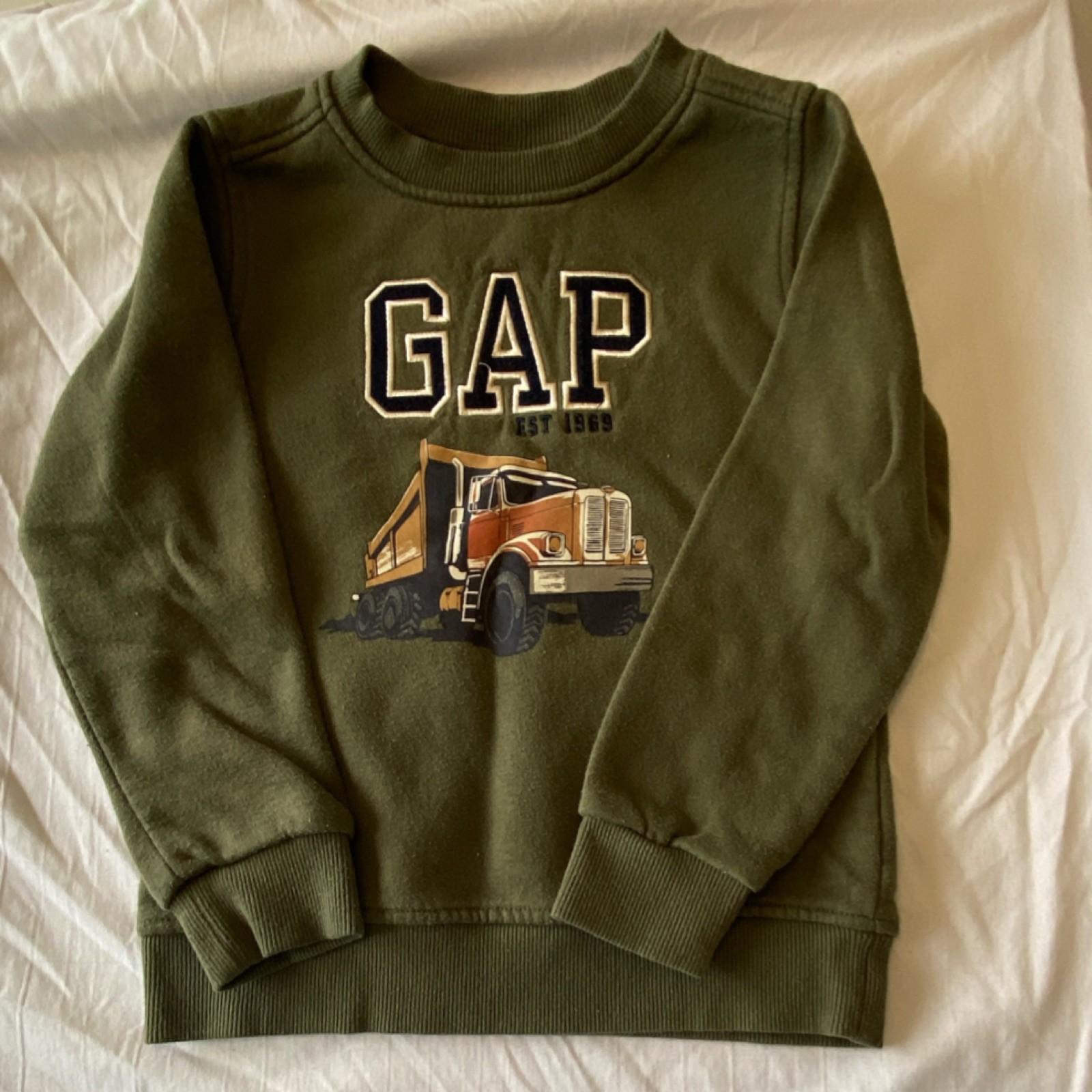 Gap Kids Boys Green Dump Truck Graphic Pullover Sweatshirt 5T Cotton Blend