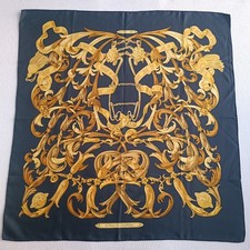 HERMES "LE MORS A LA CONETABLE" PRINT BLACK/GOLD SILK SCARF Size 34 x 35 inch
