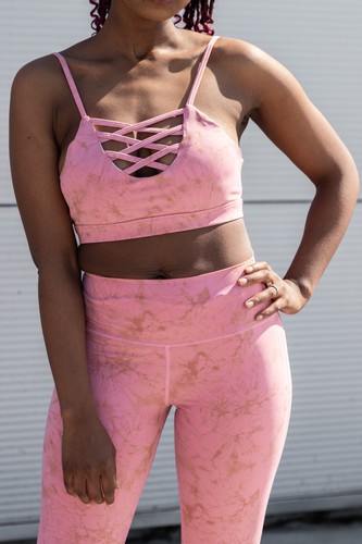 Womens Pink Marble 2pc Gym & Training Leggings Set Strappy Sports Bra L - Afbeelding 3 van 5