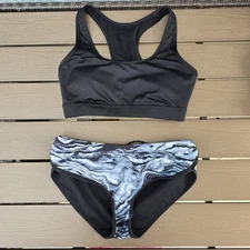 TYR Womens Solid Black Racerback Top W/ Black Marble Hipkini Sz S NEW Sample
