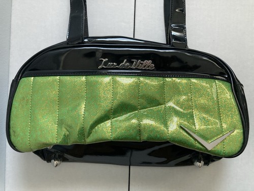 LUX DE VILLE BLACK PATENT SPARKLE LIME GREEN BAG PURSE CHEETAH LEOPARD PRINT VTG - Picture 3 of 19