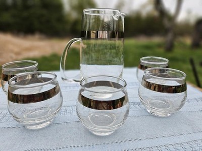 MCM Vintage Libbey Silver Band 5 Roly Poly Glasses and 1 Pitcher Set 