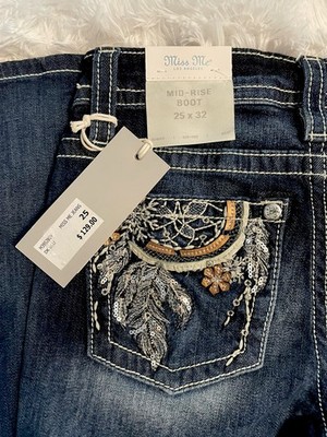 Miss Me Y2K Jeans Mid Rise Boot Cut  Dark Blue Wash Women Sz 25x32 Western NWT