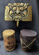 Vintage Africa Tribal Art. Wood Dragon Head Bell - Pair Rawhide Drums