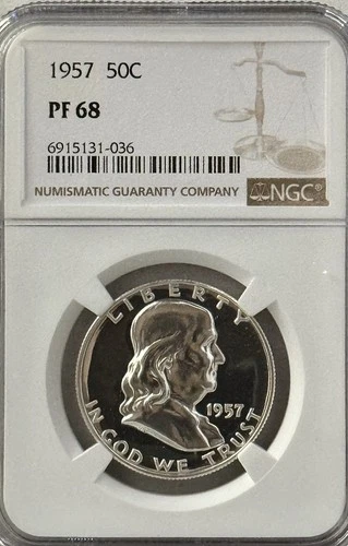 1957 PROOF FRANKLIN HALF NGC PR68, BRILLIANT, NO SPOTS, HAZE OR TONING