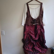 Disfraz de pirata de la feria renacentista vestido medieval borgoña falda de encaje chaleco marrón