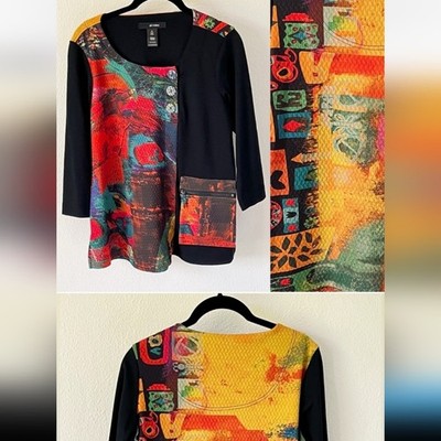 Ali Miles Black Red Pullover Top Womens PS Art to Wear Lagenlook Abstract EUC