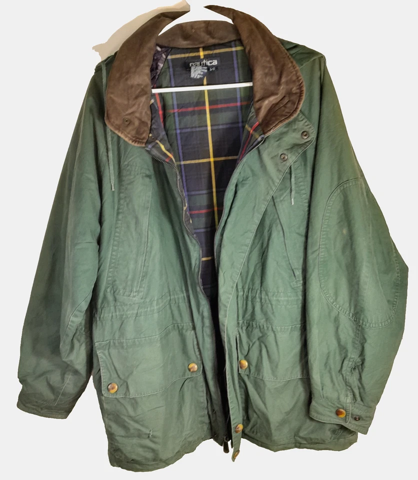 Chaqueta de Colección Nautica Chore Para Hombre Grande Verde Forrada a Cuadros Borde de Cuero Foto 2 de 4