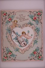 Vintage Gibson Valentine Card Mother Father Cherub Violin Roses Used