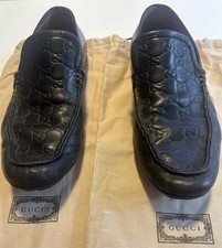Authentic Men’s Black Leather, Gucci Logo Print Loafers 