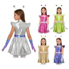 Girls Cosplay Costume Matching Gloves Dress Ruffle Sleeve Alien Costume Space