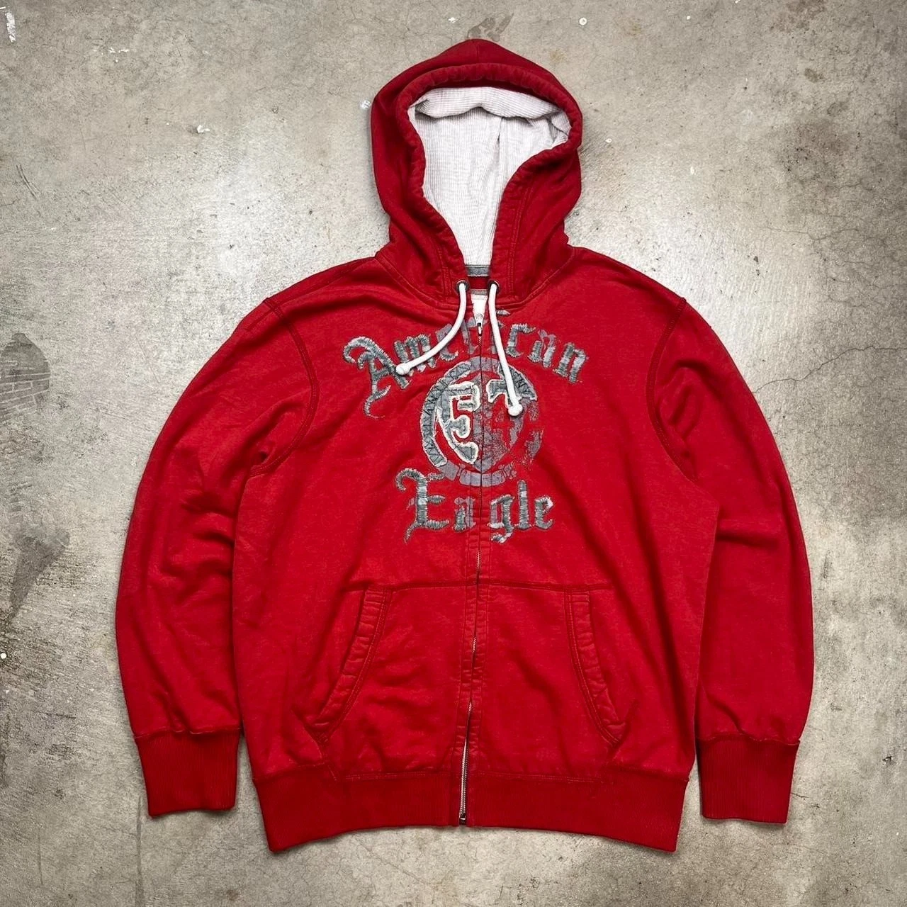 Vintage Y2K American Eagle Hoodie Full Zip Men Large Red Waffle Knit Thermal