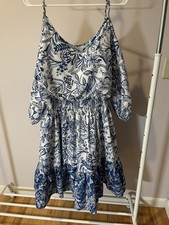 Eliza J Floral Blue/White Dress With Ruffle Hem Off The Shoulder (SIZE 20)