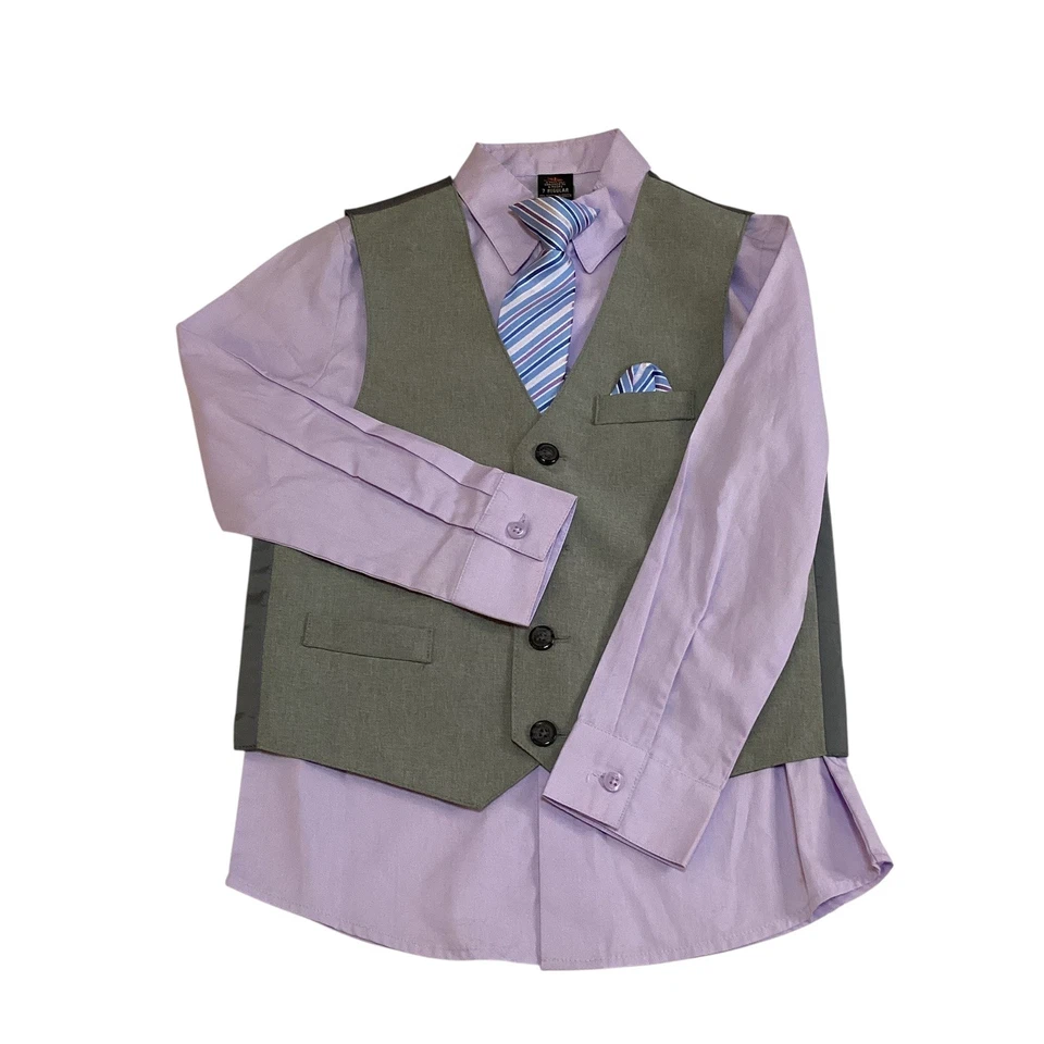 Conjunto Chaleco Dockers Niños 4 Piezas Camisa Corbata Pañuelo Gris Púrpura Niños Talla 7 Nuevo con Etiquetas Foto 2 de 4