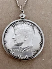 1964 JFK half dollar Sterling Silver Necklace 22", Coin Pendant with bezel