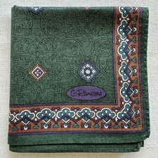 Vintage Handkerchief Green Cotton Geometric  Flourish Pattern Pocket Square 18"