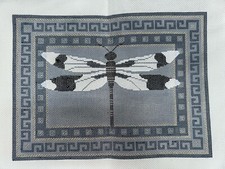 Large Dragonfly Greek Key Grey Border Handpainted Needlepoint Canvas JP Designs