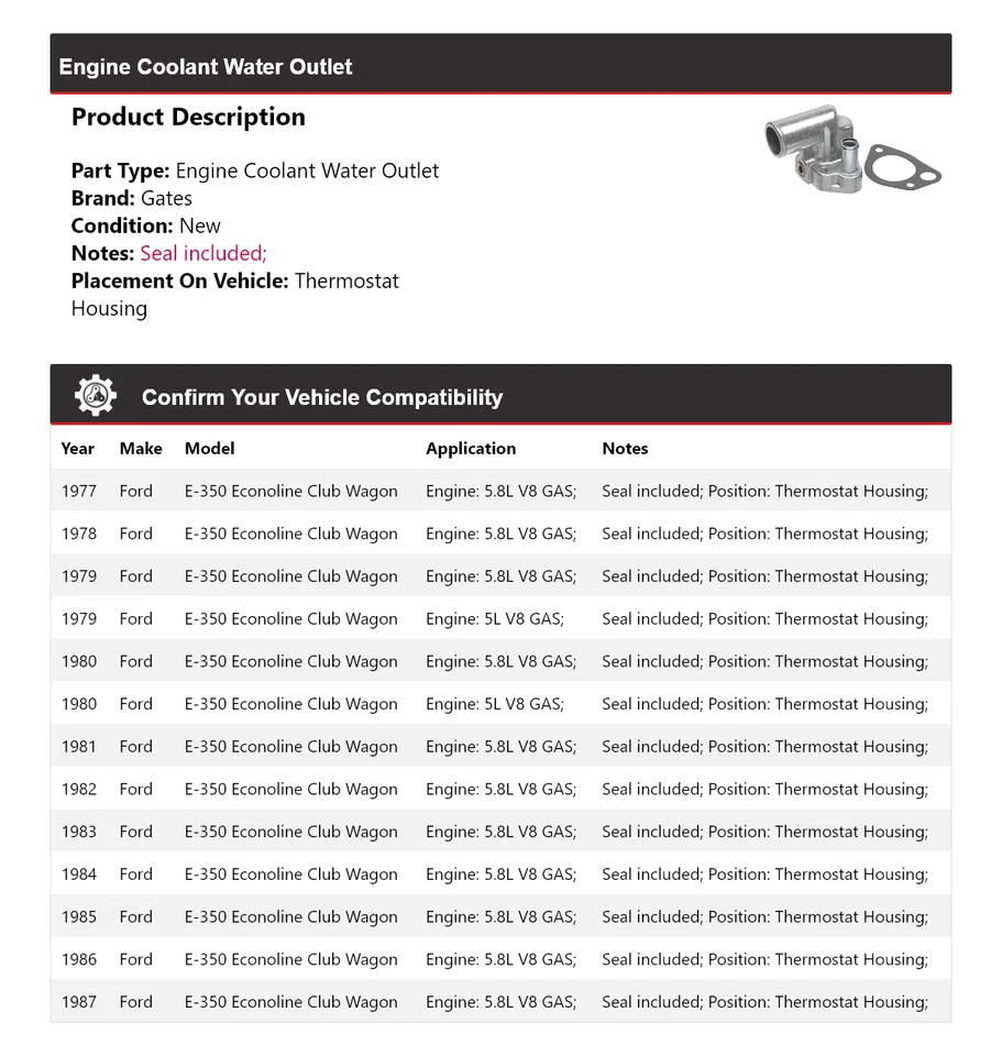 For 1977-1987 Ford E-350 Econoline Club Wagon Engine Coolant Water Outlet Gates - Image 2 of 4
