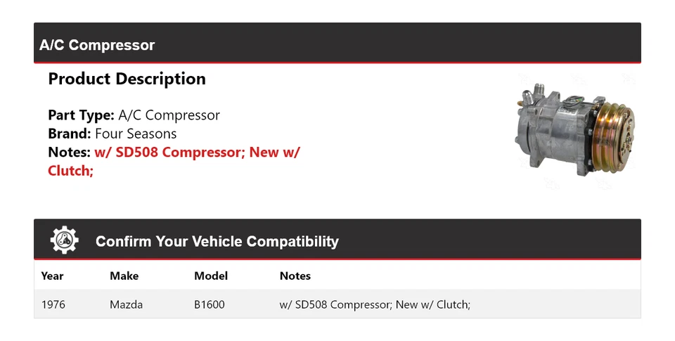 Compresor de aire acondicionado para Mazda B1600 1976 4 estaciones Foto 2 de 4