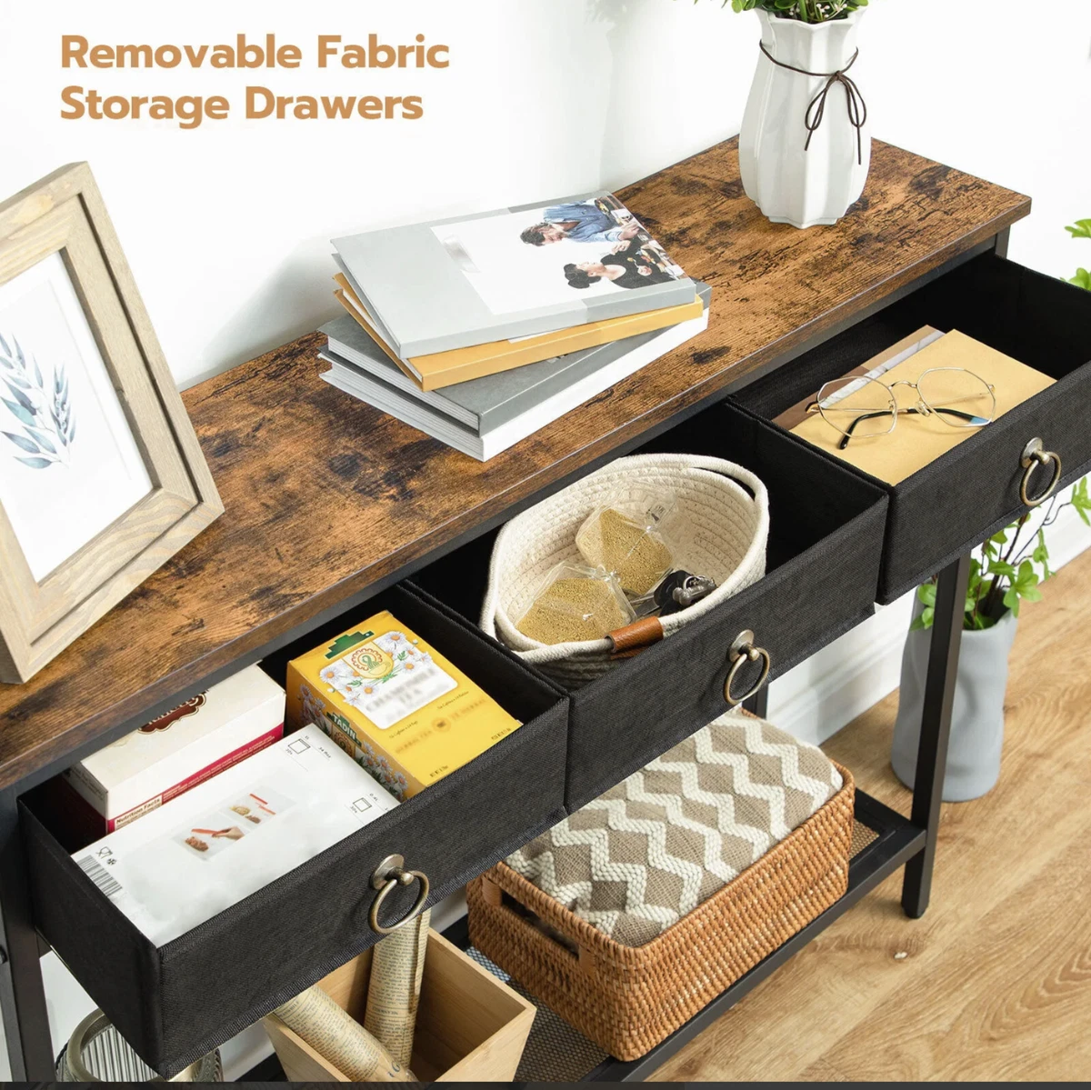 Industrial Wooden Retro Narrow Slim Console Side Table Drawers