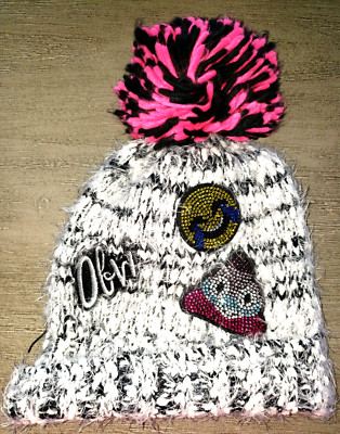 girls THICK SOFT WINTER HAT CHILDRENS PLACE S/M 6/7 SPARKLE EMOJIS POMPOM CUTE!