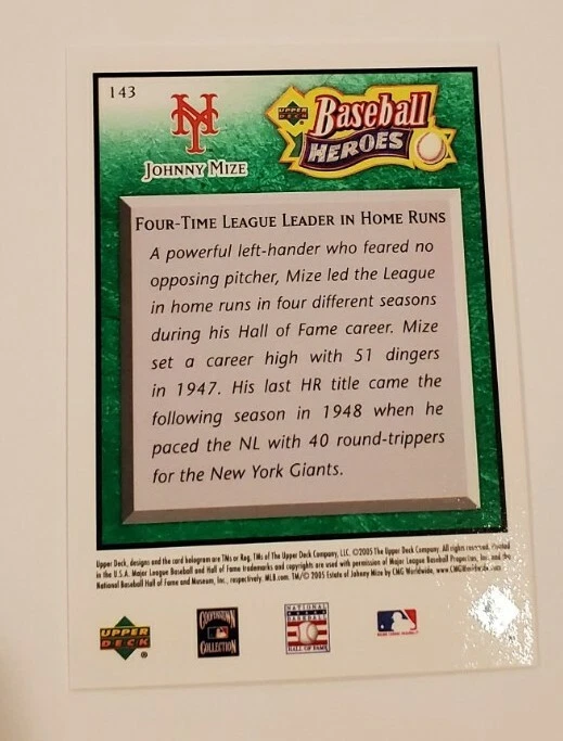 2005 Upper Deck UD Baseball Heroes Emerald Green Johnny Mize #143 - Ser 129/199 - Image 2 of 2
