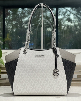 MICHAEL KORS JET SET TRAVEL LARGE CHAIN SHOULDER TOTE BAG MK WHITE GRAY BLACK