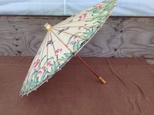 Vintage Asian Bamboo Rice Paper Parasol Umbrella Flowers Butterflies