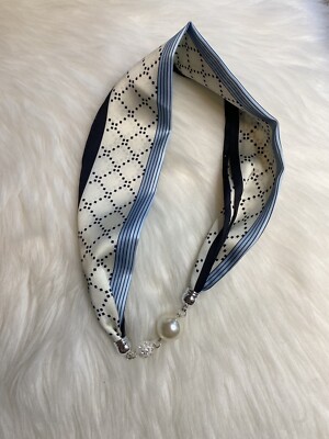 Satin Scarf White Blue  Necklace Magnetic Closure Multi-Color Hobo Bohemian New