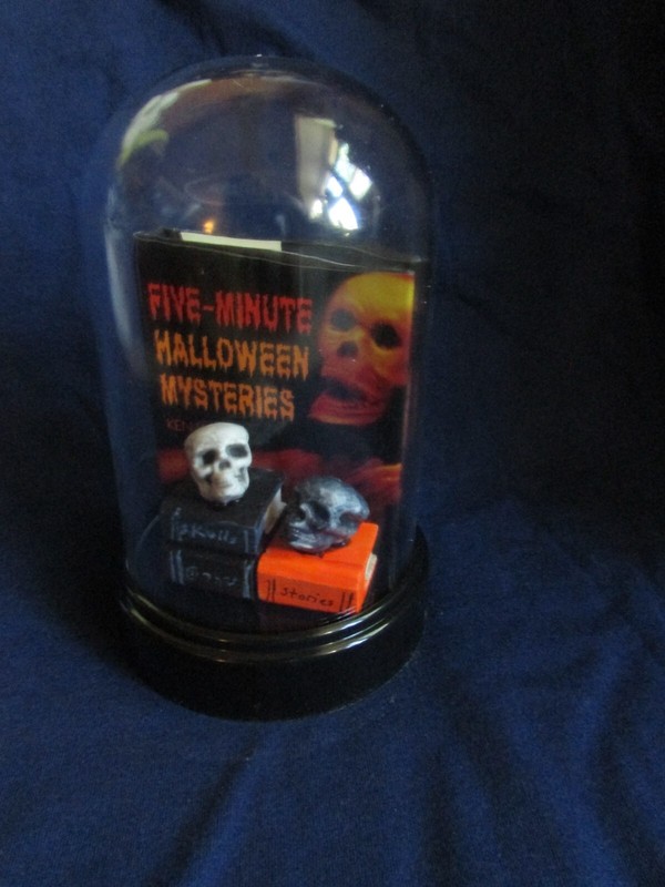 Acrylic Cloche Dome w/ Halloween Book and Little Skulls on Wood Books,  ~5.5"
