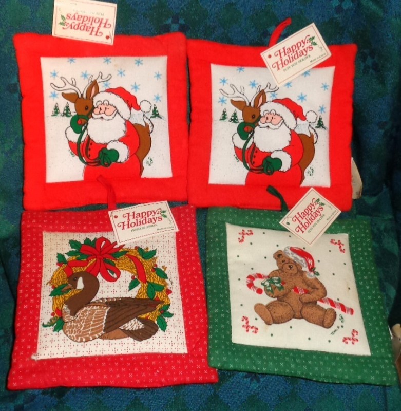4 Vintage Christmas Potholders New with Tags, Santa, Bear, Goose 1980's