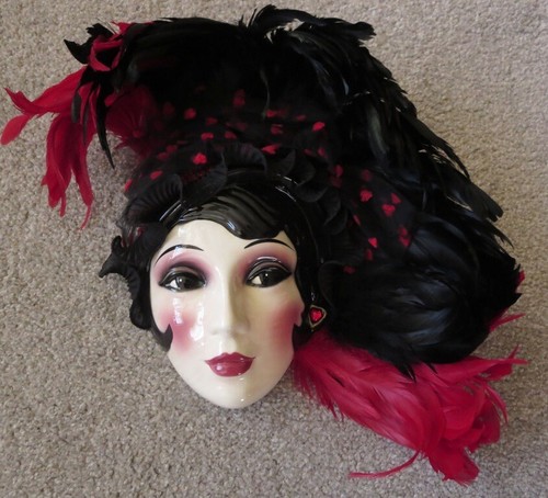 Clay Art Ceramic Face Wall Mask with Red and Black Feathers